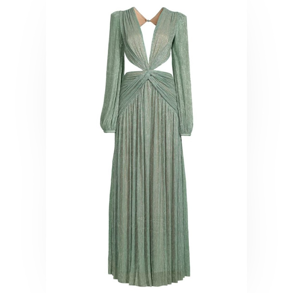PatBO Green Pleated Maxi Gown with Bishop Sleeves